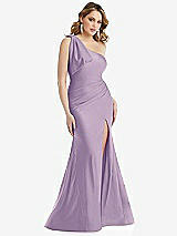 Front View Thumbnail - Pale Purple Cascading Bow One-Shoulder Stretch Satin Mermaid Dress with Slight Train