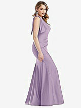 Side View Thumbnail - Pale Purple Cascading Bow One-Shoulder Stretch Satin Mermaid Dress with Slight Train