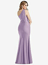 Rear View Thumbnail - Pale Purple Cascading Bow One-Shoulder Stretch Satin Mermaid Dress with Slight Train