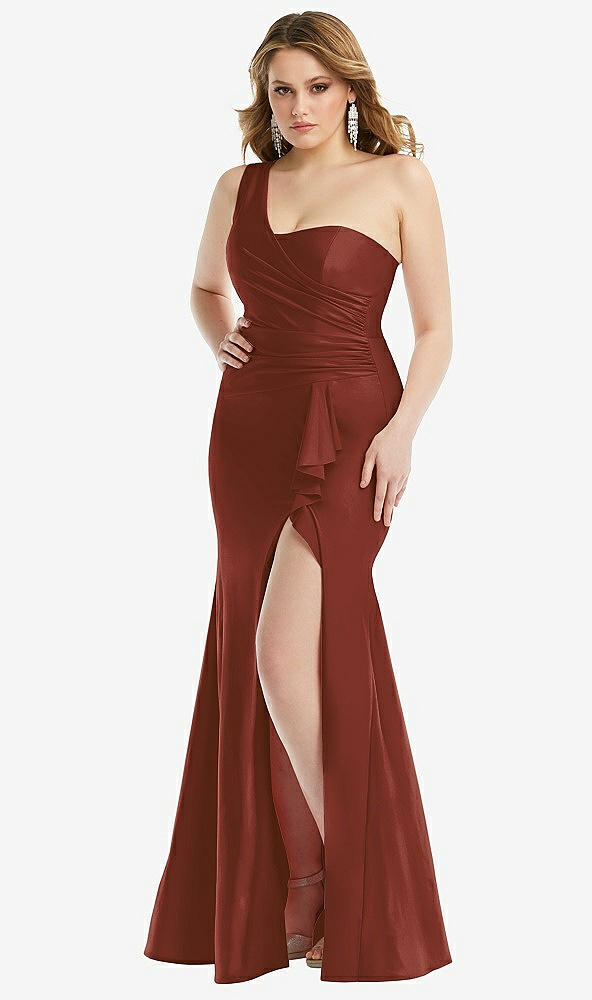 Front View - Auburn Moon One-Shoulder Bustier Stretch Satin Mermaid Dress with Cascade Ruffle