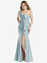 Front View Thumbnail - Mist One-Shoulder Bustier Stretch Satin Mermaid Dress with Cascade Ruffle