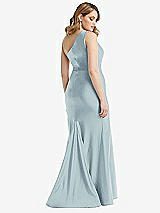 Rear View Thumbnail - Mist One-Shoulder Bustier Stretch Satin Mermaid Dress with Cascade Ruffle