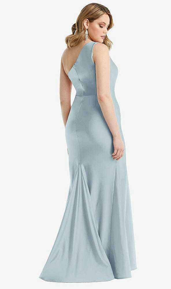 Back View - Mist One-Shoulder Bustier Stretch Satin Mermaid Dress with Cascade Ruffle