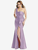 Front View Thumbnail - Pale Purple One-Shoulder Bustier Stretch Satin Mermaid Dress with Cascade Ruffle
