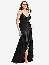 Front View Thumbnail - Black Pleated Wrap Ruffled High Low Stretch Satin Gown with Slight Train