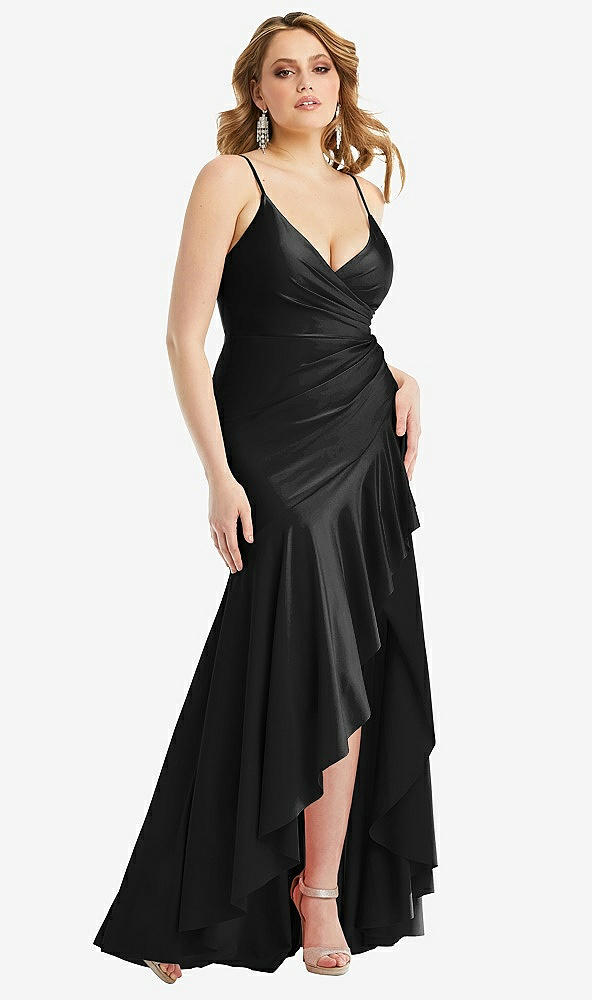 Front View - Black Pleated Wrap Ruffled High Low Stretch Satin Gown with Slight Train