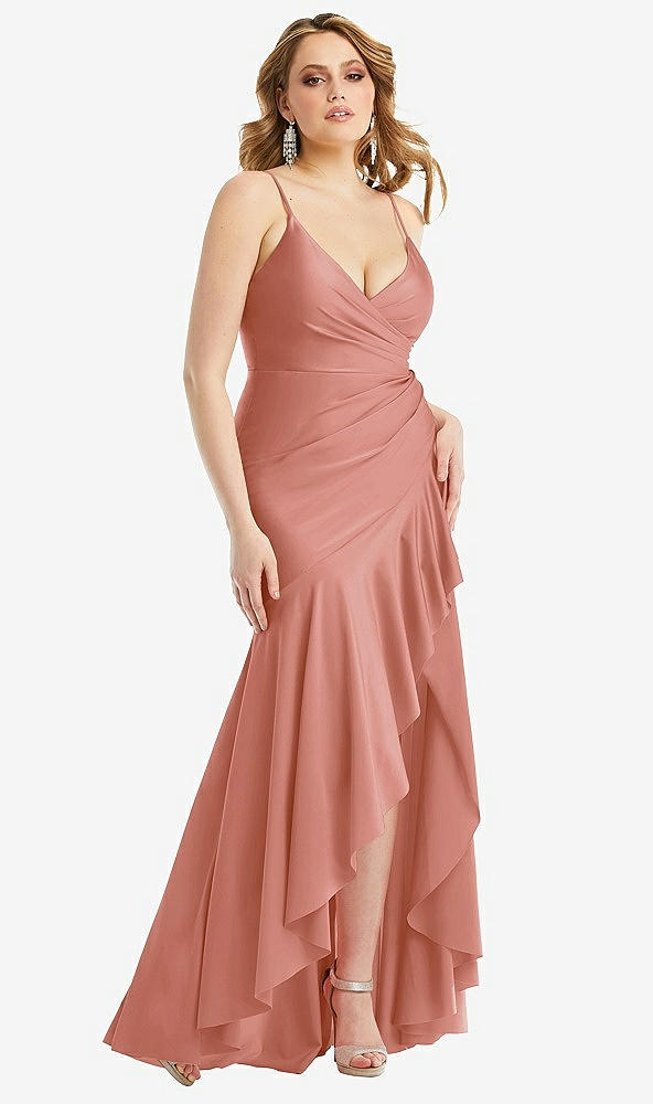 Front View - Desert Rose Pleated Wrap Ruffled High Low Stretch Satin Gown with Slight Train