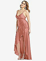Side View Thumbnail - Desert Rose Pleated Wrap Ruffled High Low Stretch Satin Gown with Slight Train