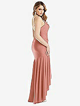 Rear View Thumbnail - Desert Rose Pleated Wrap Ruffled High Low Stretch Satin Gown with Slight Train