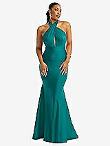 Front View Thumbnail - Peacock Teal Criss Cross Halter Open-Back Stretch Satin Mermaid Dress