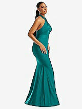 Side View Thumbnail - Peacock Teal Criss Cross Halter Open-Back Stretch Satin Mermaid Dress