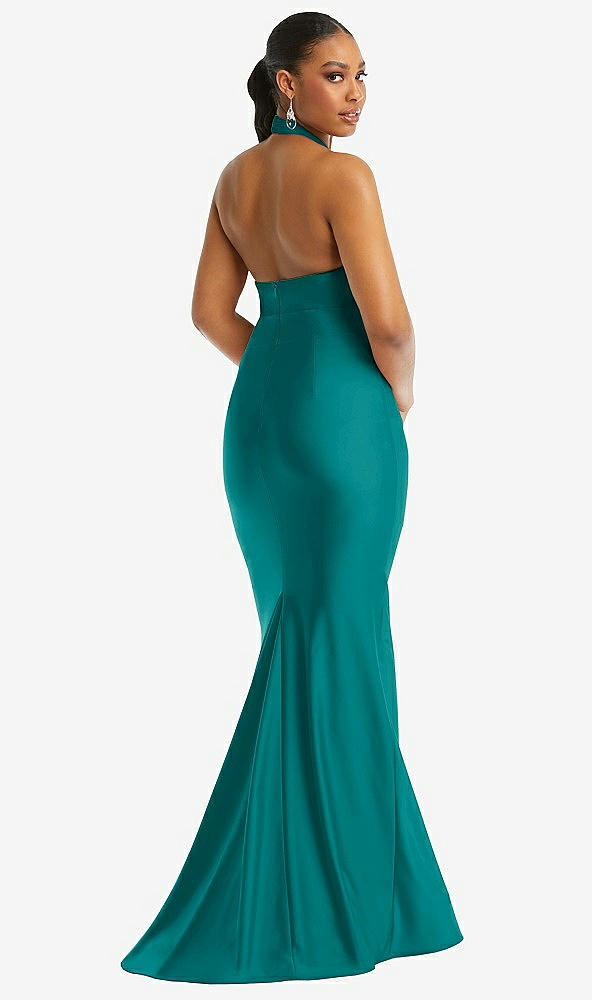 Back View - Peacock Teal Criss Cross Halter Open-Back Stretch Satin Mermaid Dress