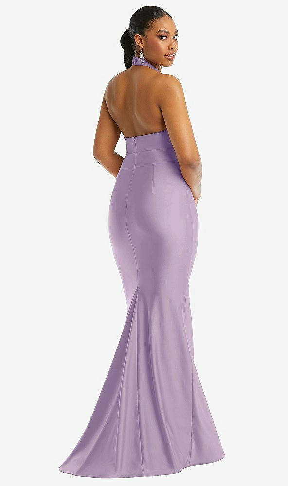 Back View - Pale Purple Criss Cross Halter Open-Back Stretch Satin Mermaid Dress