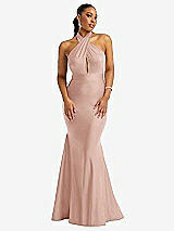 Front View Thumbnail - Toasted Sugar Criss Cross Halter Open-Back Stretch Satin Mermaid Dress