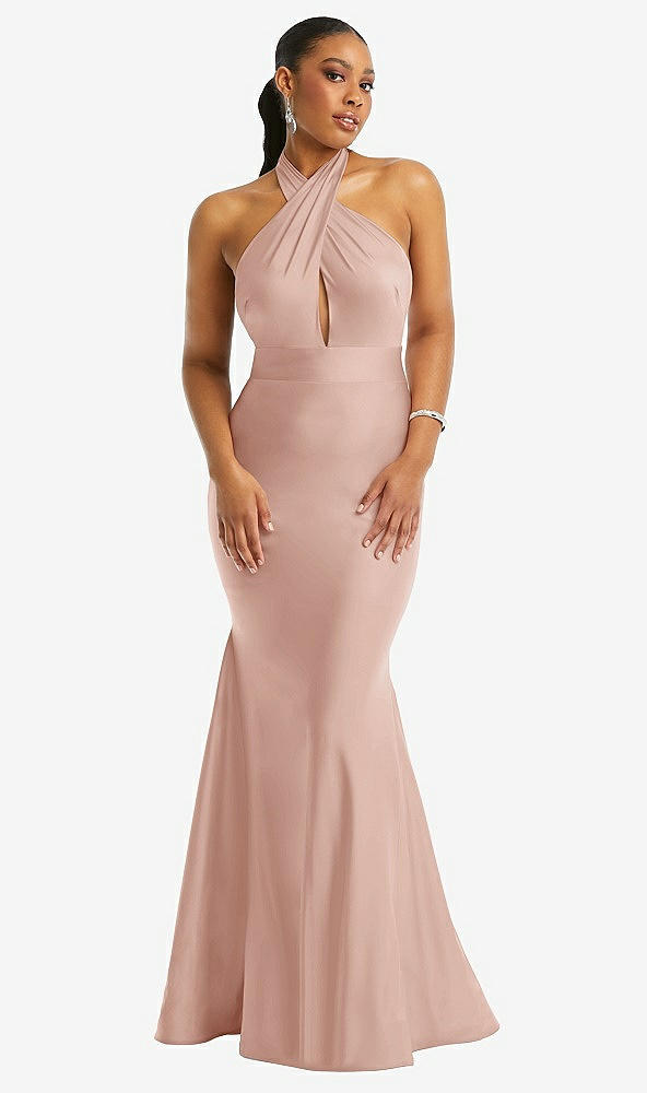 Front View - Toasted Sugar Criss Cross Halter Open-Back Stretch Satin Mermaid Dress