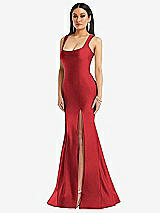 Front View Thumbnail - Poppy Red Square Neck Stretch Satin Mermaid Dress with Slight Train