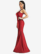 Side View Thumbnail - Poppy Red Square Neck Stretch Satin Mermaid Dress with Slight Train