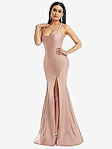 Alt View 2 Thumbnail - Toasted Sugar Square Neck Stretch Satin Mermaid Dress with Slight Train