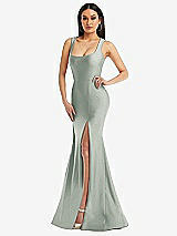 Alt View 1 Thumbnail - Willow Green Square Neck Stretch Satin Mermaid Dress with Slight Train