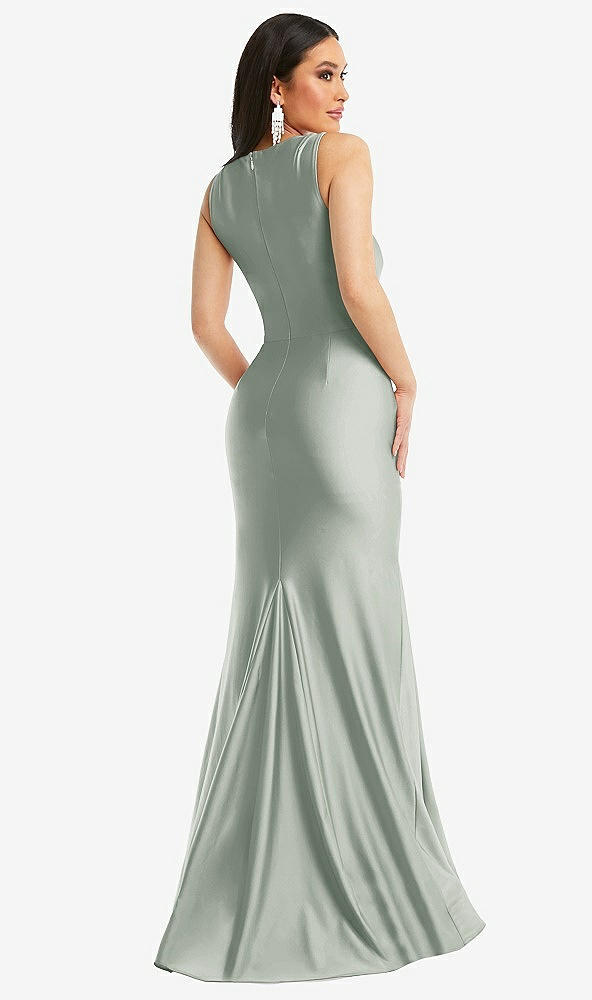 Back View - Willow Green Square Neck Stretch Satin Mermaid Dress with Slight Train