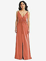 Front View Thumbnail - Terracotta Copper Skinny Strap Plunge Neckline Maxi Dress with Bow Detail