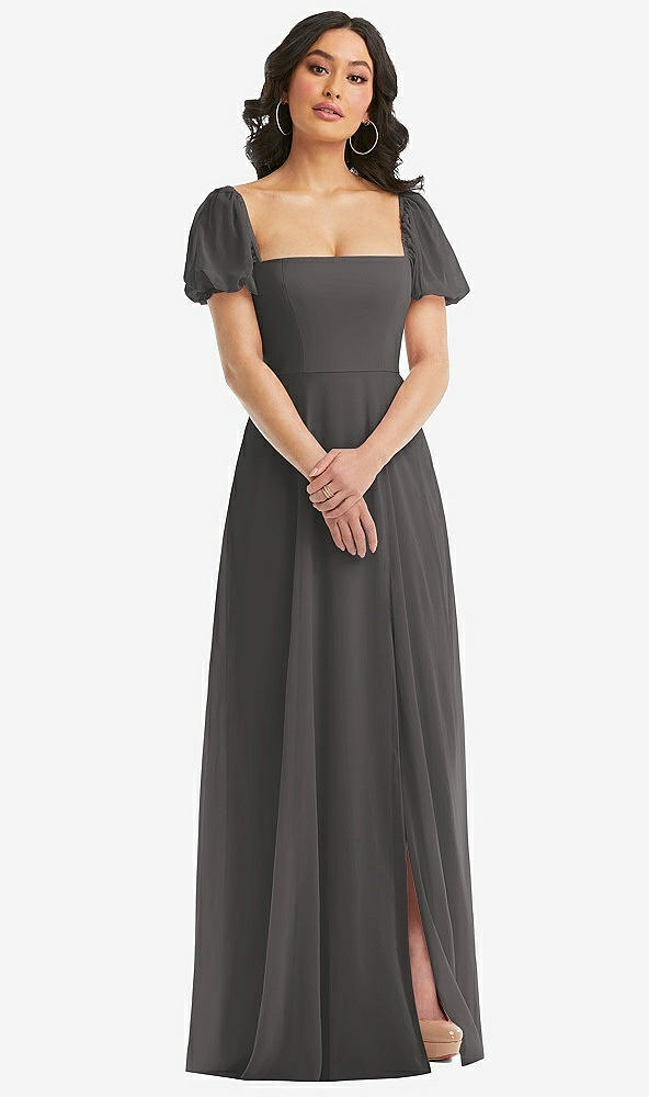Front View - Caviar Gray Puff Sleeve Chiffon Maxi Dress with Front Slit