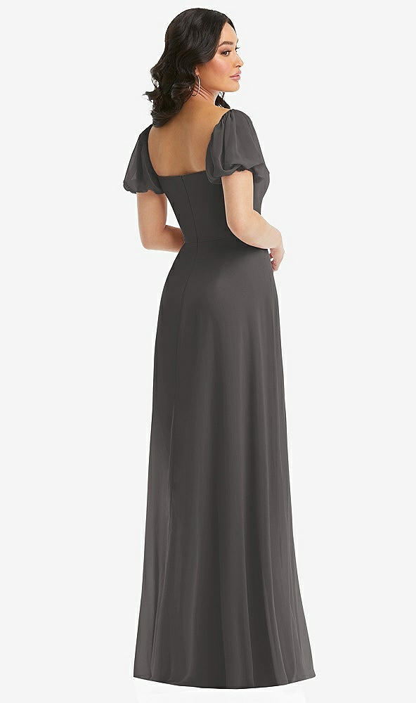 Back View - Caviar Gray Puff Sleeve Chiffon Maxi Dress with Front Slit