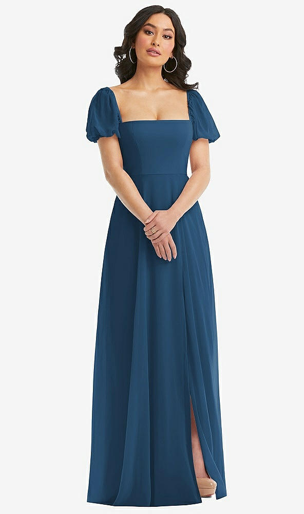 Front View - Dusk Blue Puff Sleeve Chiffon Maxi Dress with Front Slit