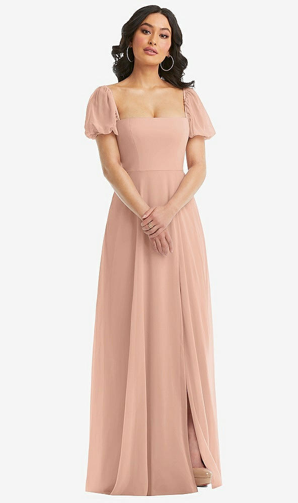 Front View - Pale Peach Puff Sleeve Chiffon Maxi Dress with Front Slit