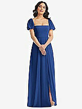 Front View Thumbnail - Classic Blue Puff Sleeve Chiffon Maxi Dress with Front Slit