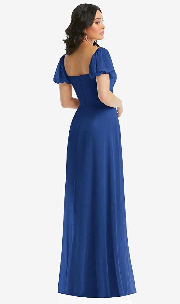 Back View - Classic Blue Puff Sleeve Chiffon Maxi Dress with Front Slit