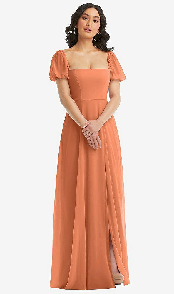Front View - Sweet Melon Puff Sleeve Chiffon Maxi Dress with Front Slit