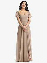 Front View Thumbnail - Topaz Puff Sleeve Chiffon Maxi Dress with Front Slit