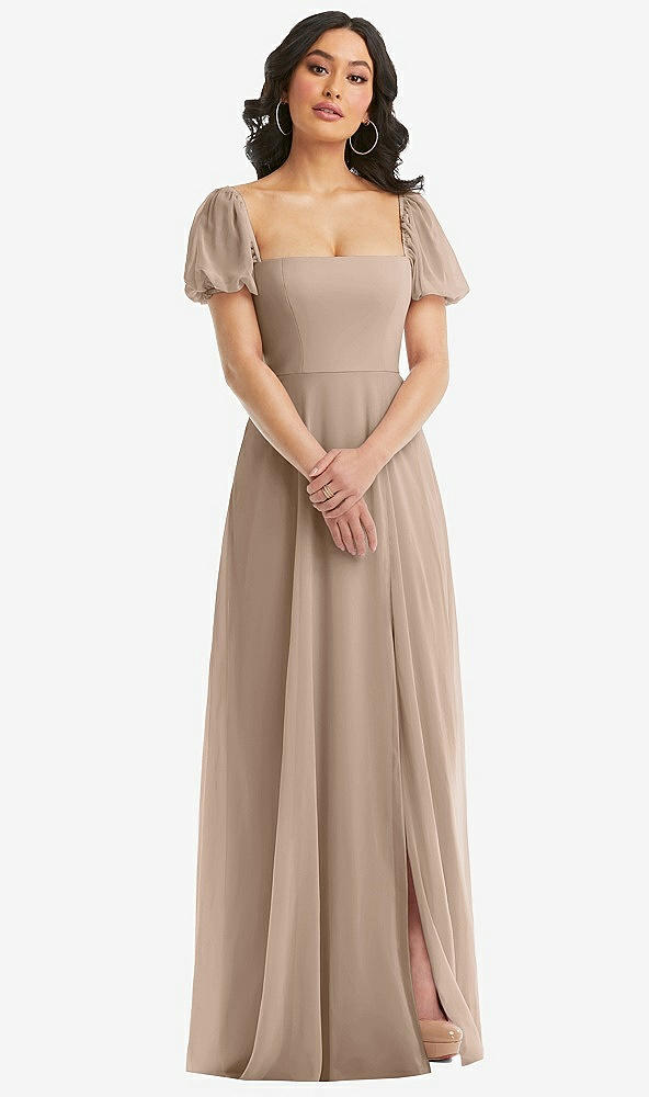 Front View - Topaz Puff Sleeve Chiffon Maxi Dress with Front Slit