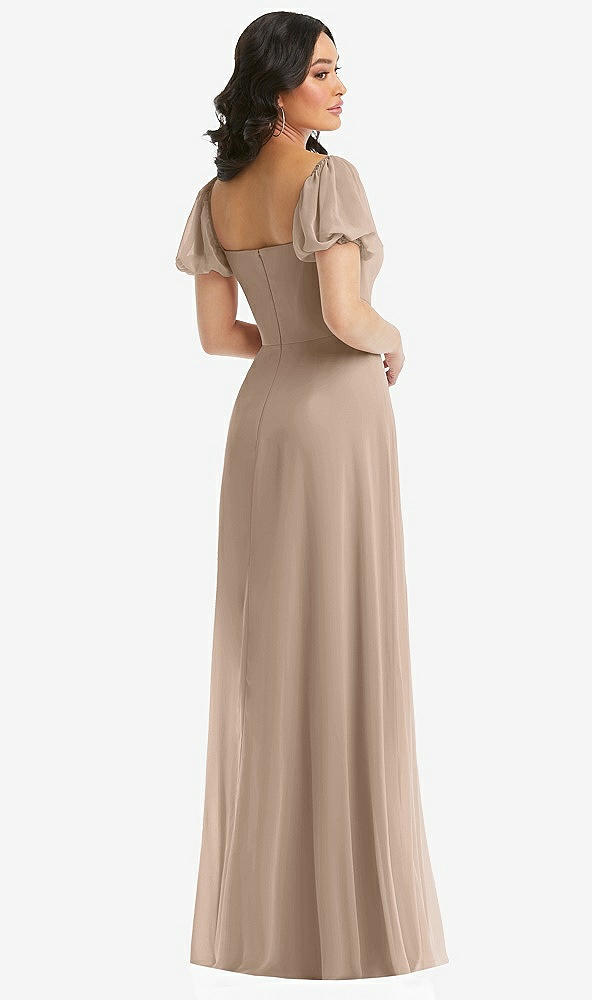 Back View - Topaz Puff Sleeve Chiffon Maxi Dress with Front Slit