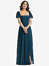 Front View Thumbnail - Atlantic Blue Puff Sleeve Chiffon Maxi Dress with Front Slit