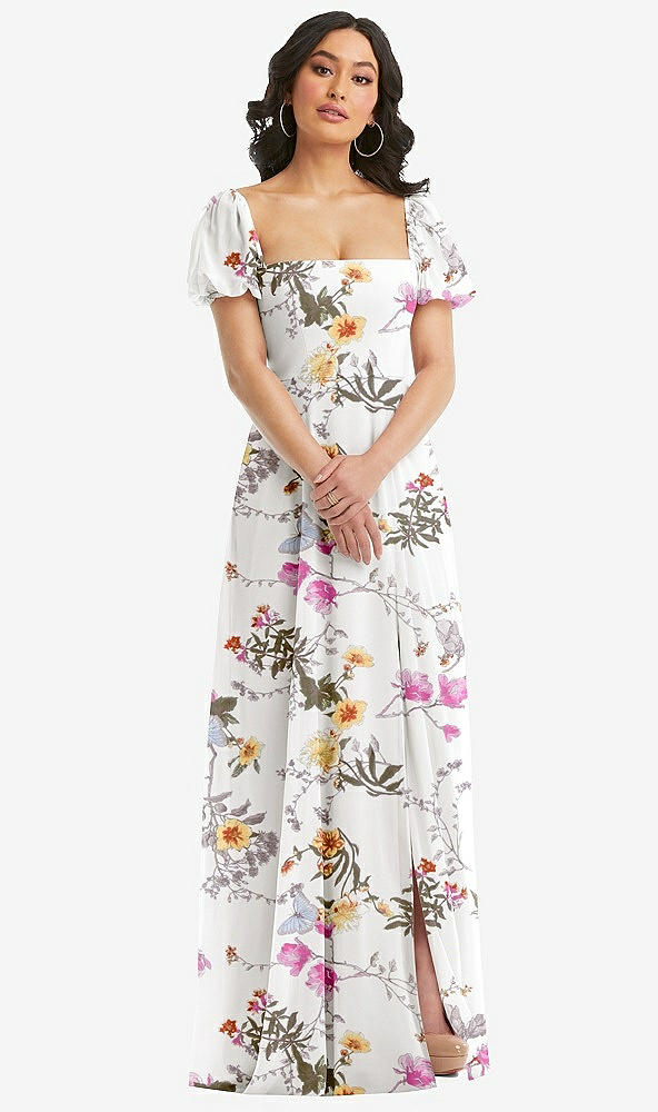 Front View - Butterfly Botanica Ivory Puff Sleeve Chiffon Maxi Dress with Front Slit