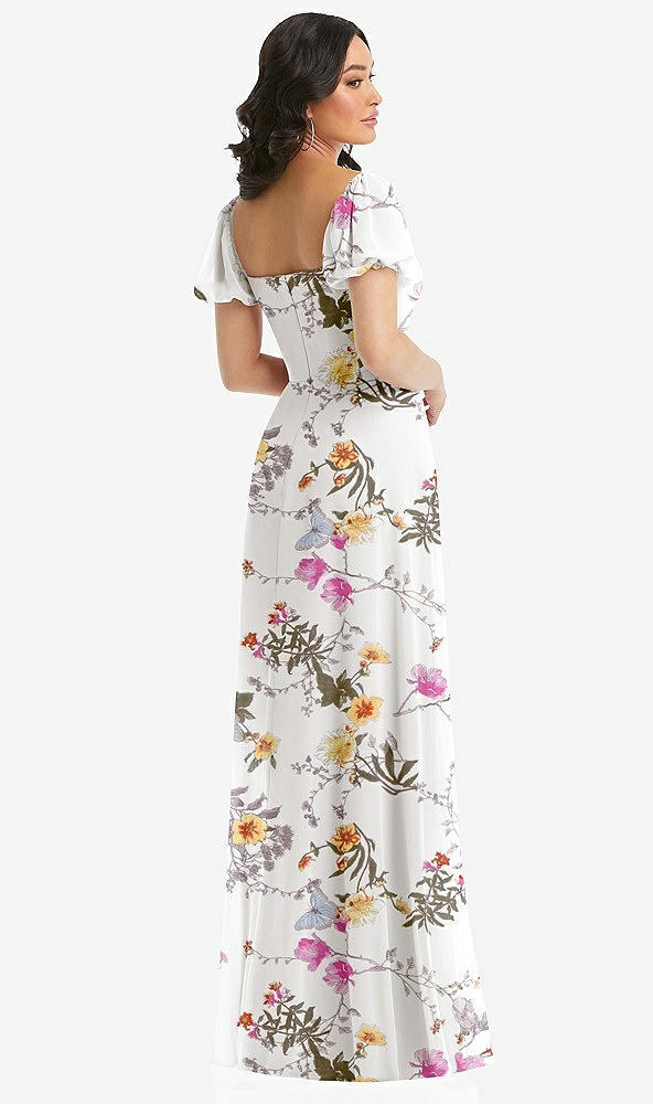 Back View - Butterfly Botanica Ivory Puff Sleeve Chiffon Maxi Dress with Front Slit