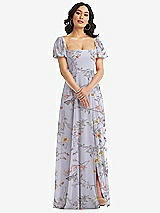 Front View Thumbnail - Butterfly Botanica Silver Dove Puff Sleeve Chiffon Maxi Dress with Front Slit