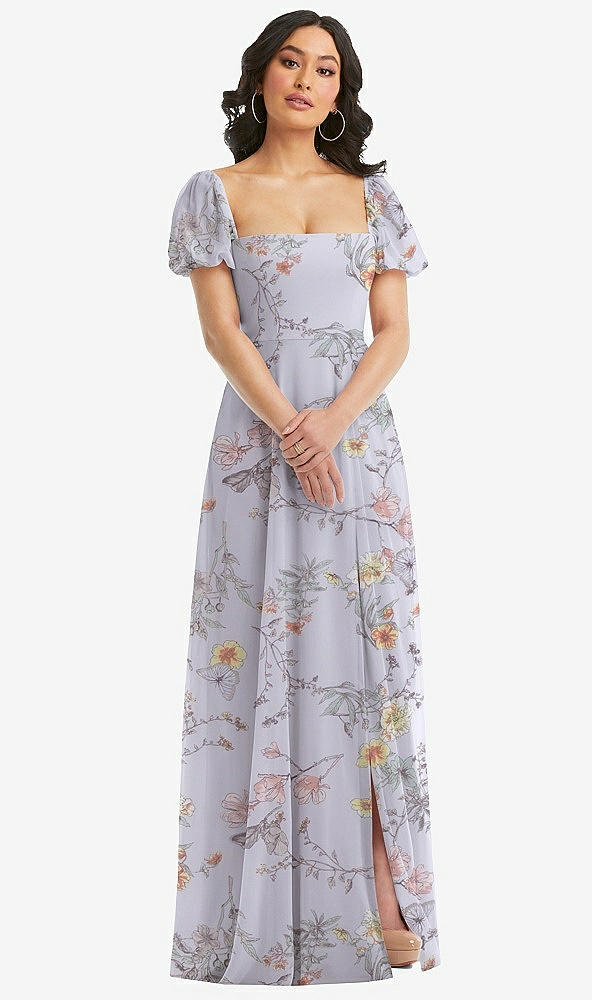 Front View - Butterfly Botanica Silver Dove Puff Sleeve Chiffon Maxi Dress with Front Slit