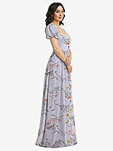 Side View Thumbnail - Butterfly Botanica Silver Dove Puff Sleeve Chiffon Maxi Dress with Front Slit