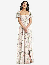 Front View Thumbnail - Blush Garden Puff Sleeve Chiffon Maxi Dress with Front Slit