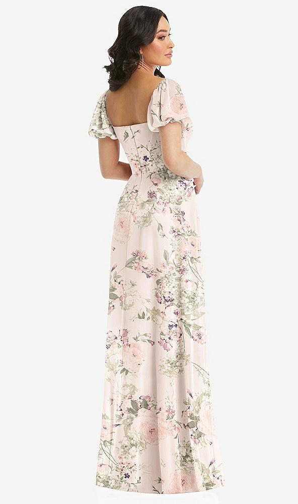 Back View - Blush Garden Puff Sleeve Chiffon Maxi Dress with Front Slit