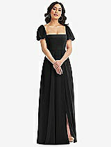 Front View Thumbnail - Black Puff Sleeve Chiffon Maxi Dress with Front Slit