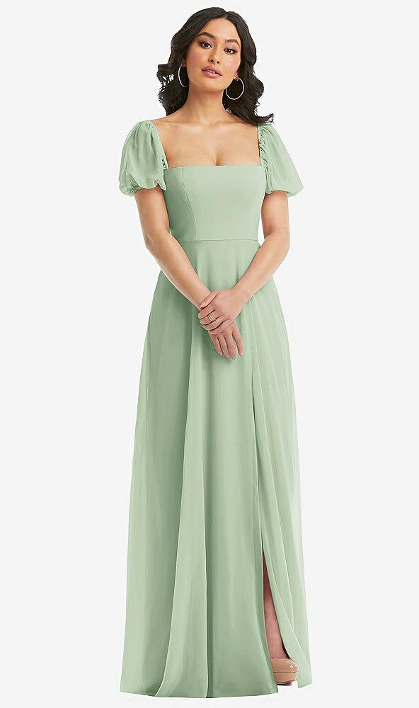 Front View - Celadon Puff Sleeve Chiffon Maxi Dress with Front Slit