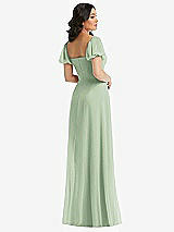 Rear View Thumbnail - Celadon Puff Sleeve Chiffon Maxi Dress with Front Slit