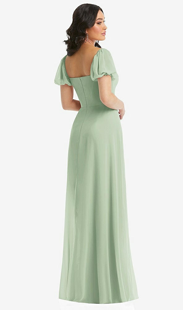 Back View - Celadon Puff Sleeve Chiffon Maxi Dress with Front Slit