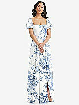 Front View Thumbnail - Cottage Rose Dusk Blue Puff Sleeve Chiffon Maxi Dress with Front Slit