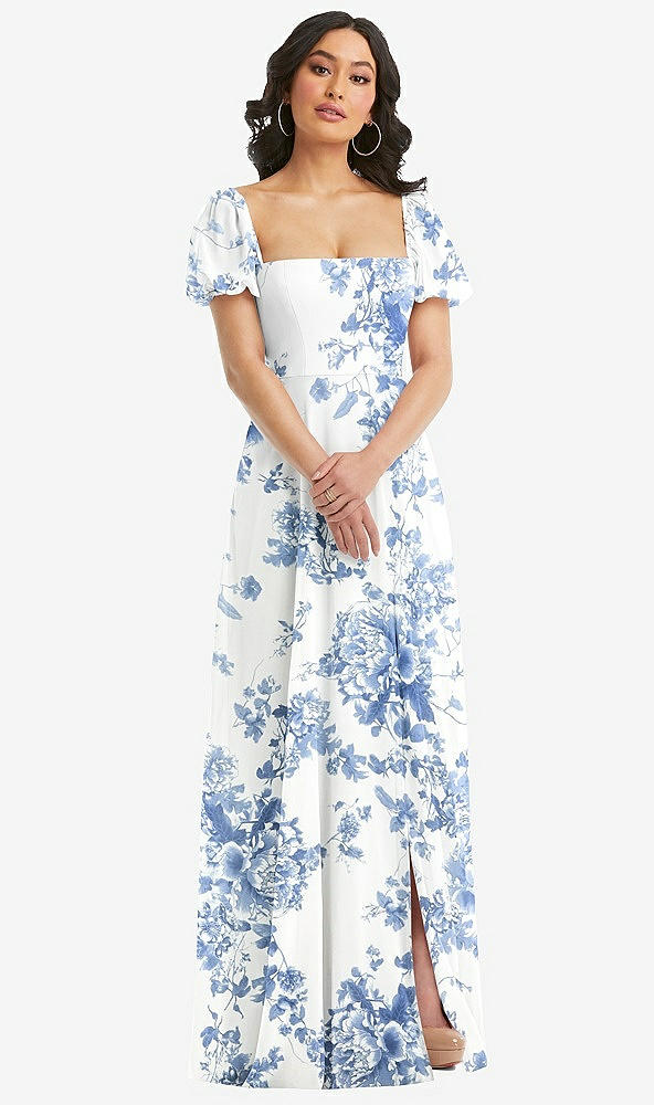 Front View - Cottage Rose Dusk Blue Puff Sleeve Chiffon Maxi Dress with Front Slit