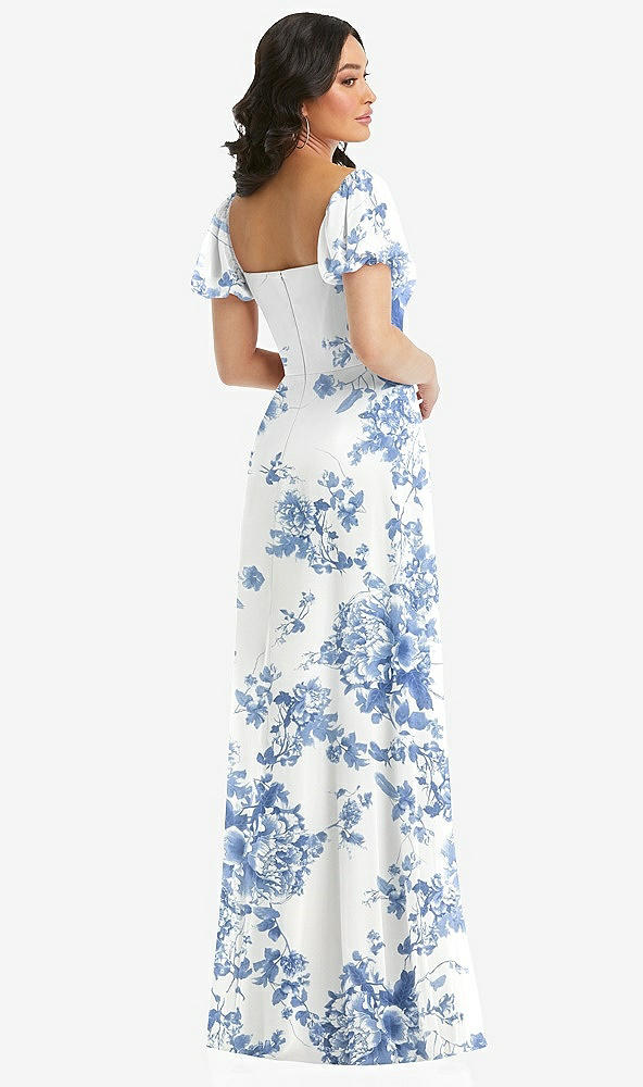 Back View - Cottage Rose Dusk Blue Puff Sleeve Chiffon Maxi Dress with Front Slit